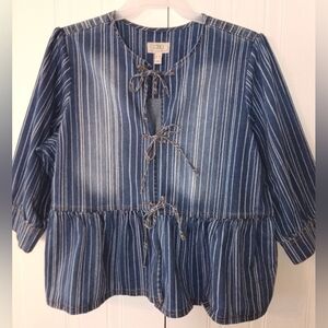 LOGO 20W Denim Blue Striped Tie-Front Boho Peplum Plus Size Top